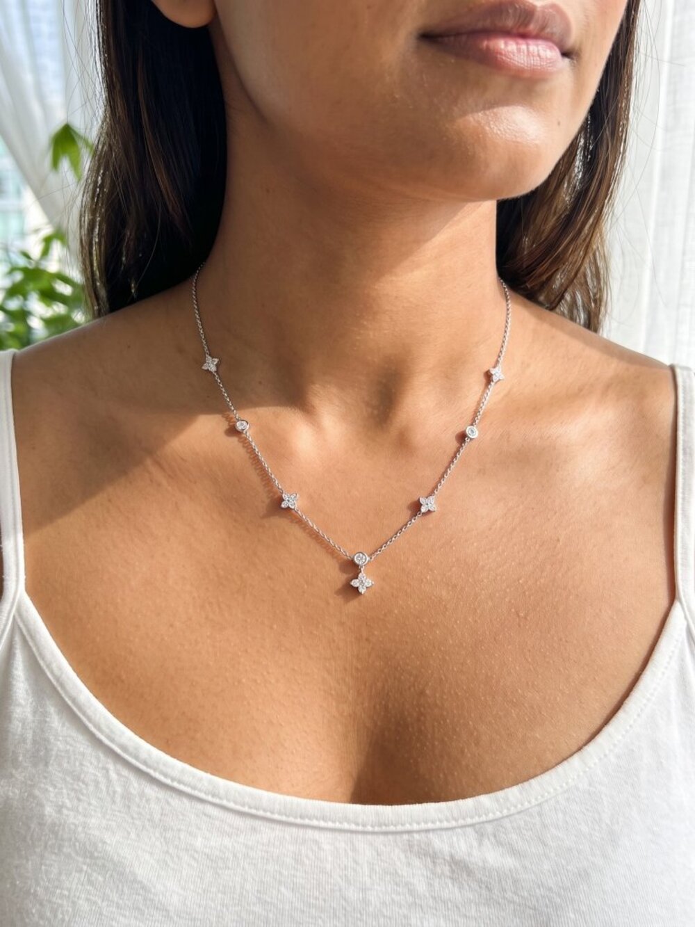 Womens Moissanite Station Necklace 925 Sterling Silver 18 Inch GRA VVS1 Dainty
